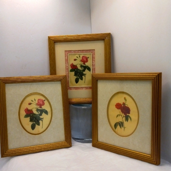 3 Silk Art Red Roses Buds Botanica Print Wood Framed Matted...